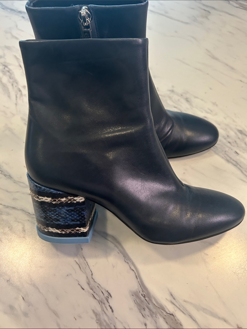 Kenzo Navy Leather Ankle Boots with Blue and Snake-Print Block Heel